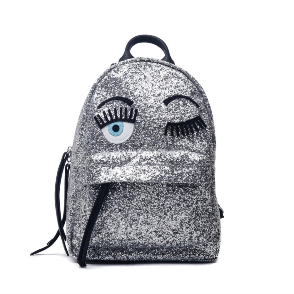 Chiara Ferragni Silver Glitter Eye Backpack